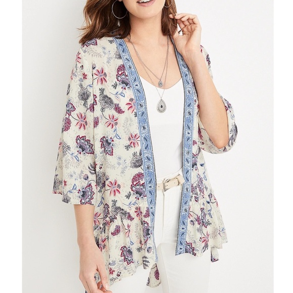 Maurices | Floral Print Open Front Kimono Paisley Border  NWT size large - Picture 1 of 11